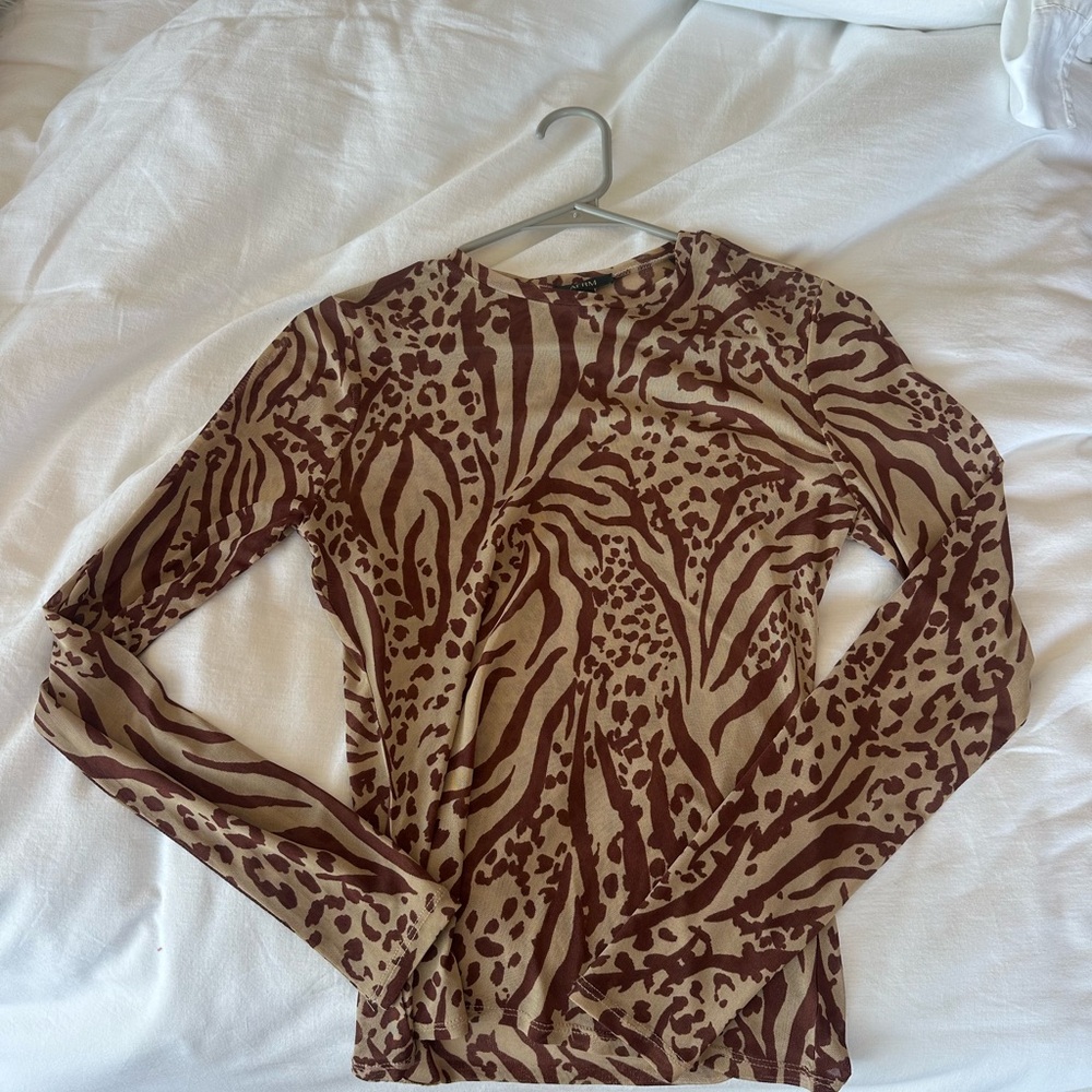 AFRM Mesh Animal Print Crewneck Top in Brown